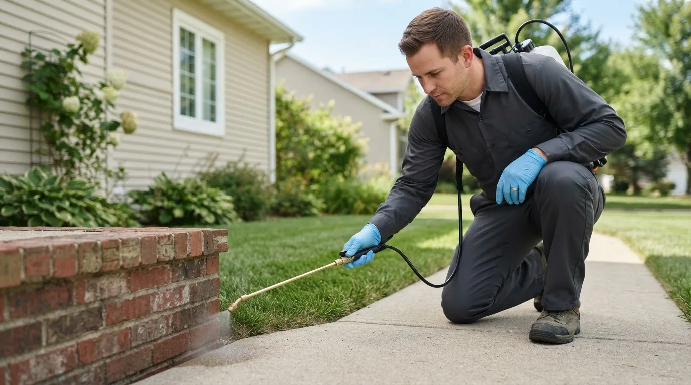 Pest control technician treating a home near Sharon, VT